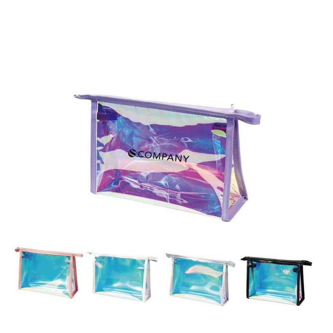 A transparent, holographic cosmetic bag in purple, with a zipper closure and a logo. Available in pink, silver, and black options.