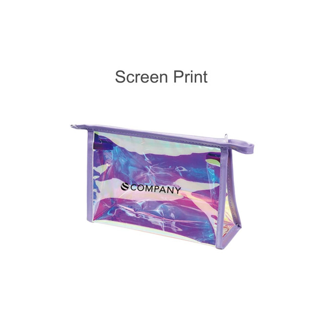 A transparent iridescent cosmetic bag with a purple zipper and a logo on the side.