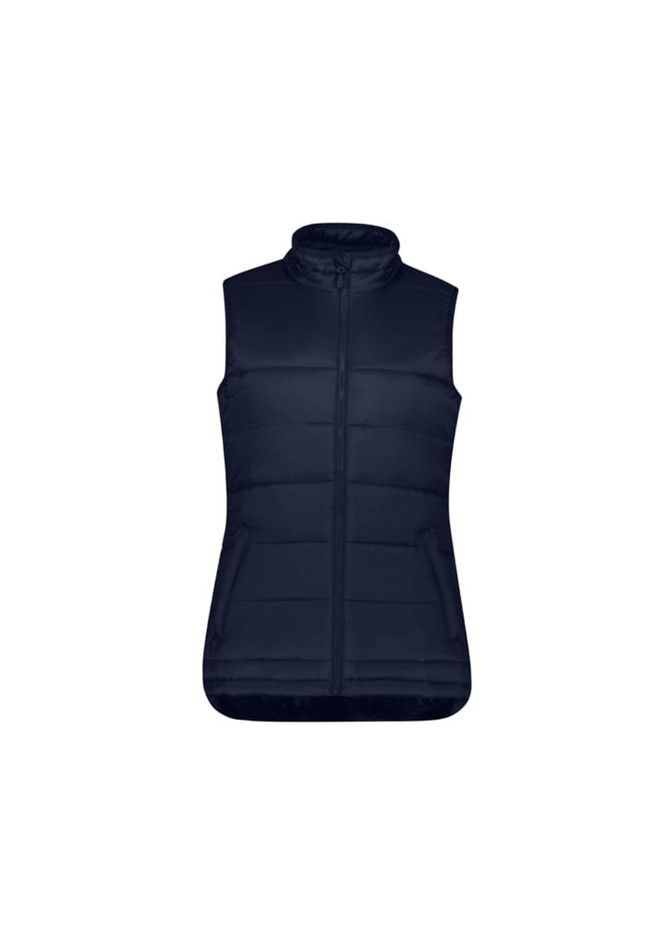 A navy women's alpine vest featuring a zip front and padded design, suitable for layering. Includes a logo detail.