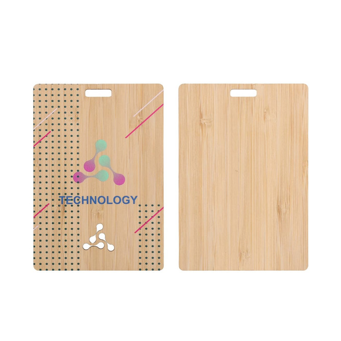 A bamboo name tag featuring a colourful design on one side, with a plain bamboo surface on the reverse.