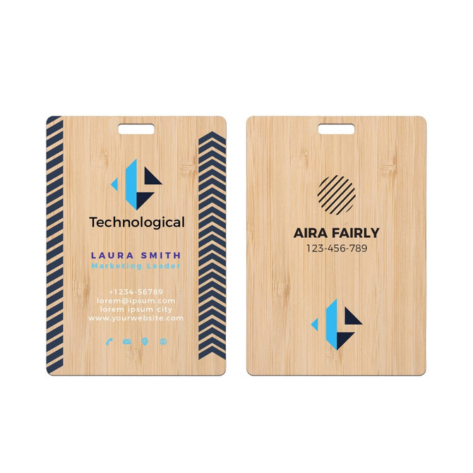 A bamboo name tag featuring a wooden texture with blue and black geometric designs. It has a hole for attachment.