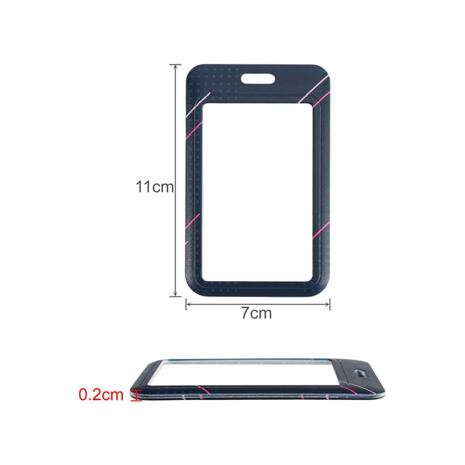 A navy ABS double-sided ID card holder with dimensions of 11cm by 7cm and a thin design. Includes a logo.