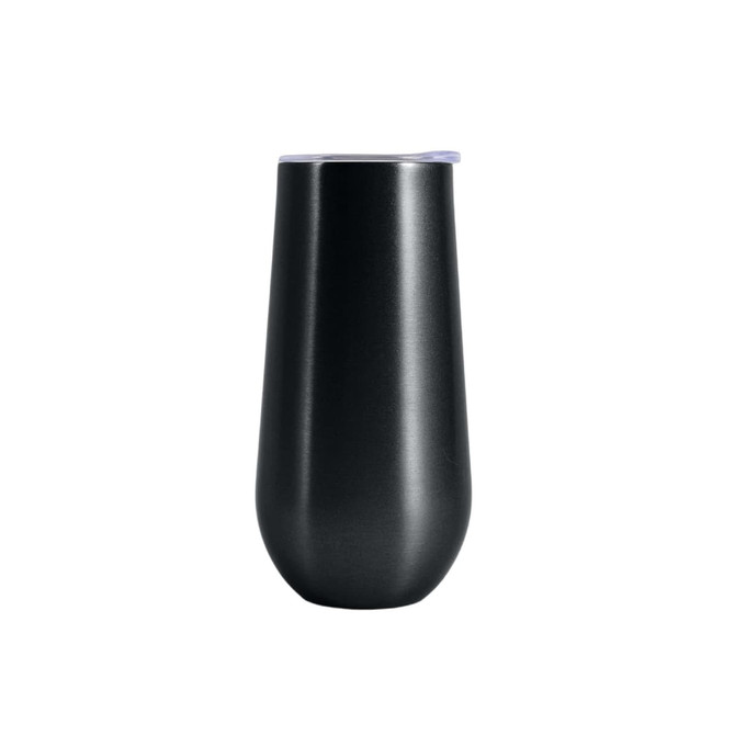 A drink bottle in a sleek matte black finish, featuring a lid and a smooth, curved design.