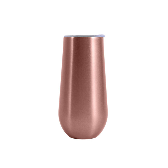 A drink bottle in a rose gold finish with a sleek, tapered design and a clear lid. Features a logo.