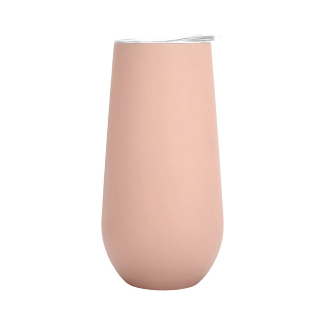 A drink bottle in a soft blush colour, featuring a clear lid and a smooth finish. Includes a logo on the side.
