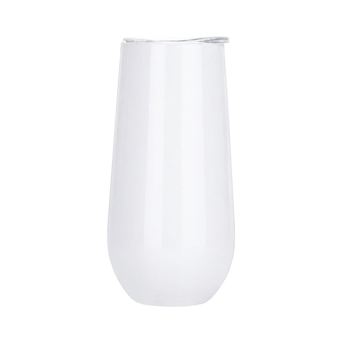 A drink bottle in clear, frosted glass design with a metallic rim, featuring a logo on one side.