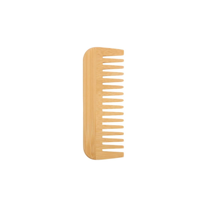 A bamboo small comb with a natural wood finish, featuring wide and narrow teeth for versatile grooming.