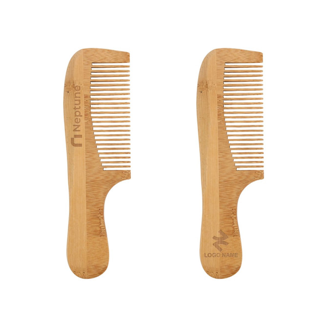 A natural bamboo comb with a handle, featuring a smooth finish and light brown colour, with logos on each side.