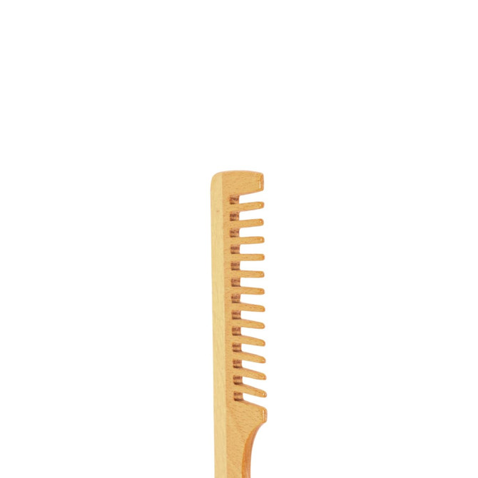 A wide-tooth beech wood comb with a light wooden finish and evenly spaced teeth. It has a branding logo on the handle.