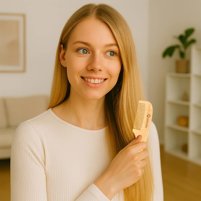 A natural small bamboo comb with handle, held by a woman with long blonde hair, in a bright indoor setting.