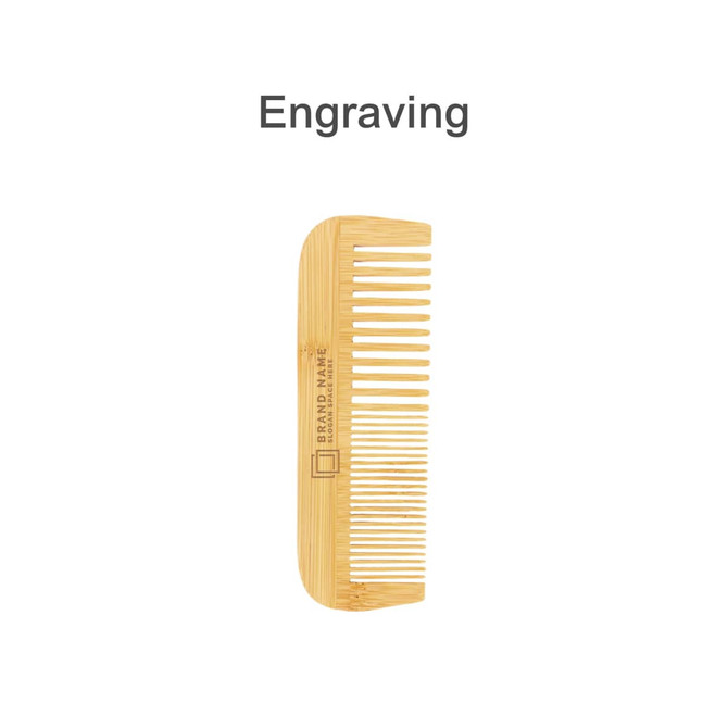A mixed-tooth bamboo comb in a natural finish, featuring a logo and engraved text.