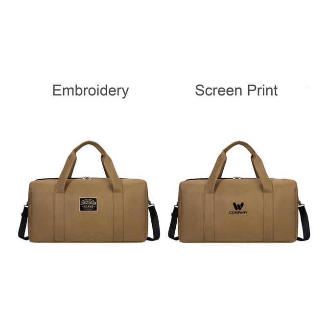 A durable duffle bag in tan colour featuring handles, a removable shoulder strap, and a branding logo option.