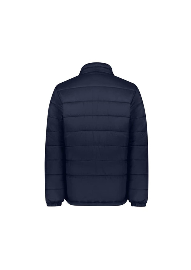 A navy blue men's puffer jacket with a simple design and a collar, featuring a logo.