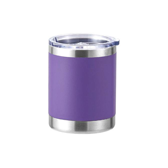 A drink bottle featuring a purple exterior and stainless steel bottom, topped with a clear lid. It has a logo.