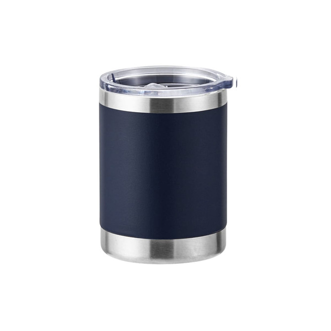 A drink bottle featuring a navy blue stainless steel body, double wall design, and a transparent lid. It has a logo on the side.