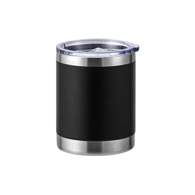 A drink bottle with a black stainless steel body and a clear lid, featuring a silver base and sleek design.