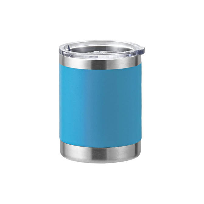A drink bottle featuring a blue stainless steel exterior with a clear lid and silver base, including a logo.