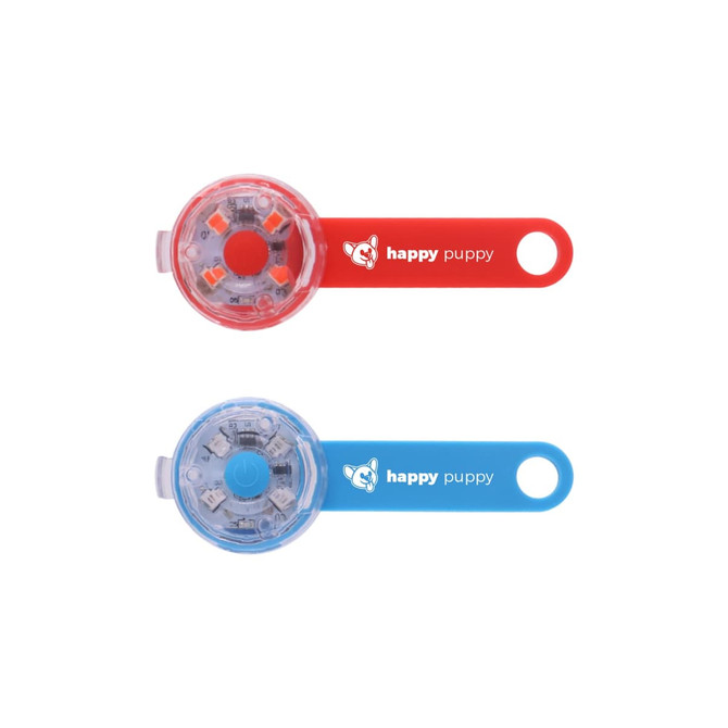 A red and blue LED pet collar light with a circular design and a handle, featuring a logo on the side.