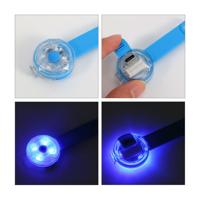 A blue LED pet collar light with a circular design and USB-C charging port. It emits a bright blue light.