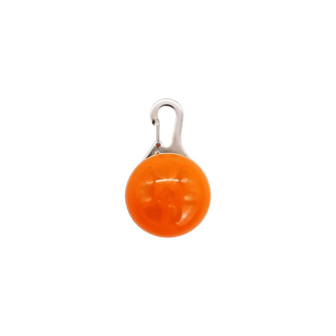 An orange LED light with a silver clip, designed for attaching to items like a dog leash.