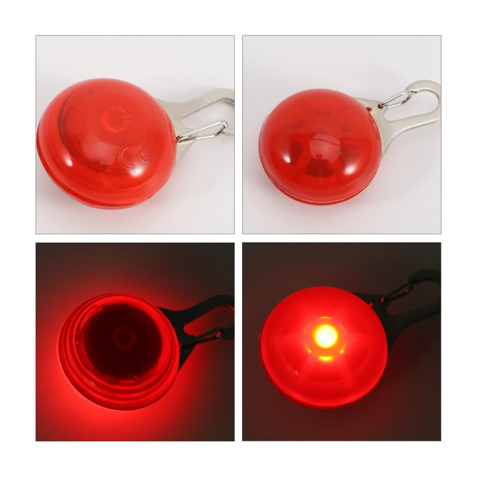A red LED light with a clip for attaching to dog collars or leashes, featuring a shiny, rounded design.