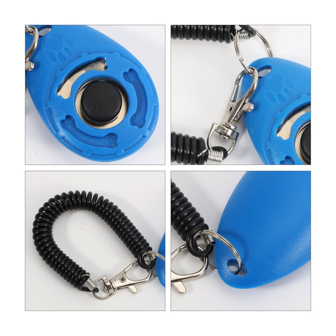 A blue pet training clicker featuring a coiled lanyard and a metal clasp for attachment.