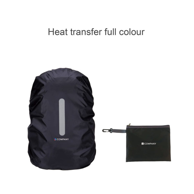 A black reflective backpack rain cover with a matching pouch. The cover has a silver reflective stripe and logo.