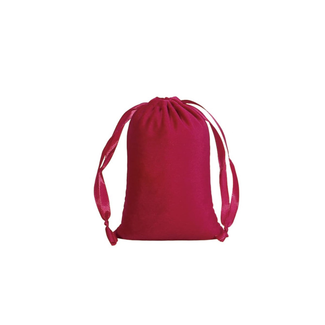 A fuchsia velvet drawstring bag with matching ties, featuring a simple design and a logo.