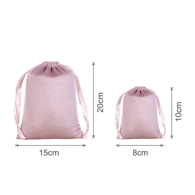 Silk velvet drawstring bags in pink, one measuring 20cm x 15cm and the other 10cm x 8cm, featuring matching drawstrings.