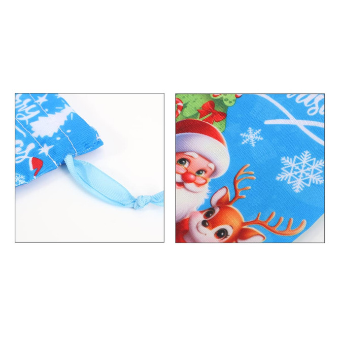 A festive blue polyester drawstring gift bag featuring Santa and a reindeer design, with a matching drawstring.