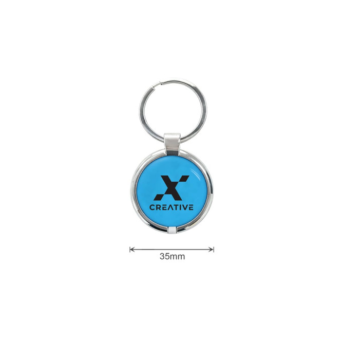 A round blue NFC epoxy tag featuring a metal keyring, displaying a logo and measures 35mm in diameter.