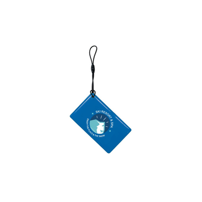 A blue NFC epoxy square tag with a black attachment loop and a logo in the centre.