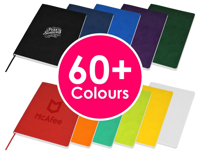 A selection of Acrobat A5 INDENT Notebooks in various colours, featuring a logo on one notebook.