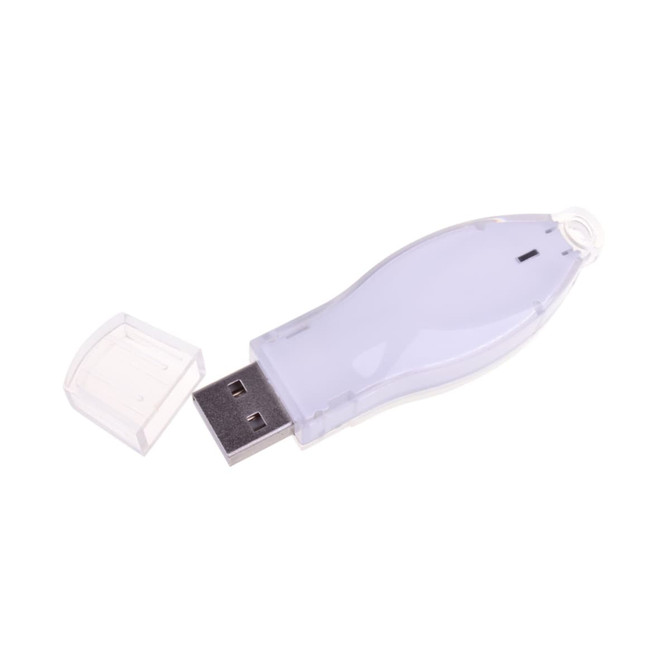 A clear, elongated flash drive with a removable cap, featuring a USB connector.