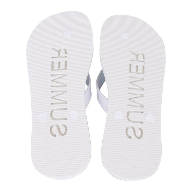 A pair of white EVA thongs with a textured sole. The thongs have a simple design and feature a logo.