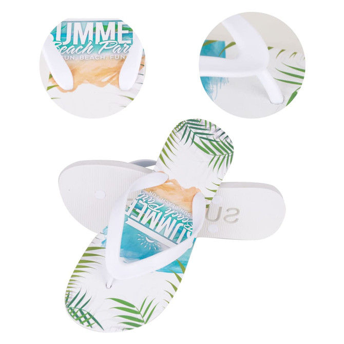 EVA thongs in white feature a tropical print with palm leaves and beach themes. Includes branding on the sole.