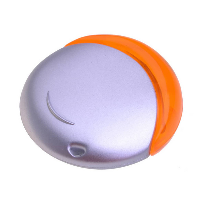 A grey and orange Aruna Flash Drive with a sleek, rounded design and a branded logo.