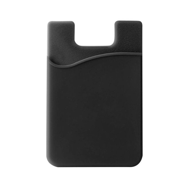 A black smart wallet with a sleek design, featuring an upper cut-out and a wave-like pattern. Includes a logo.