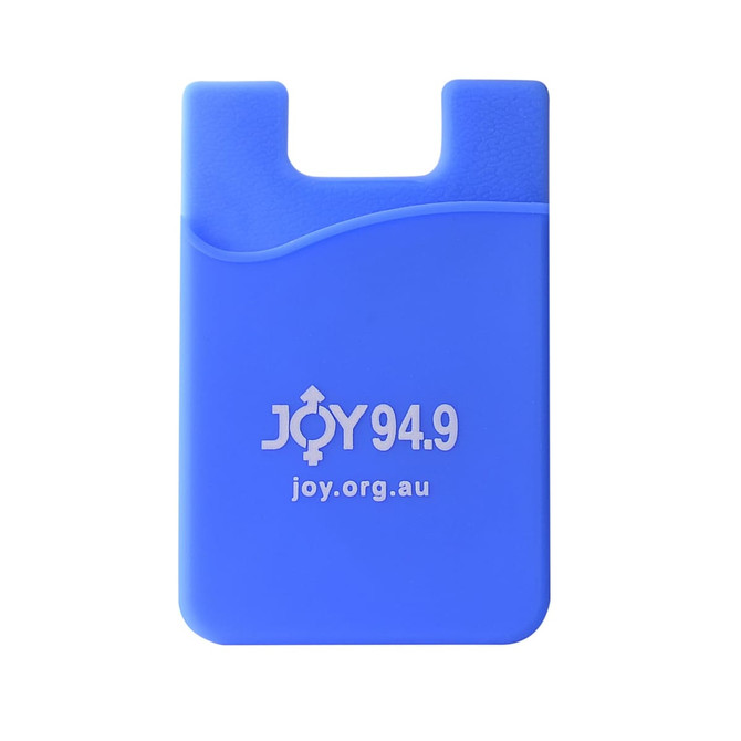 A blue Smart Wallet featuring a curved design and a logo. It has a slot for cards and a smooth surface.