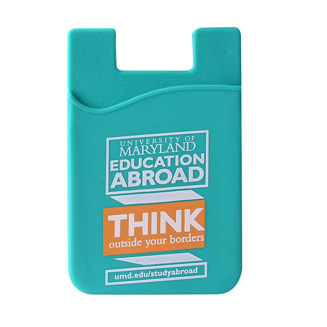 A turquoise smart wallet with a logo and text, featuring a curved design and a slot for cards.