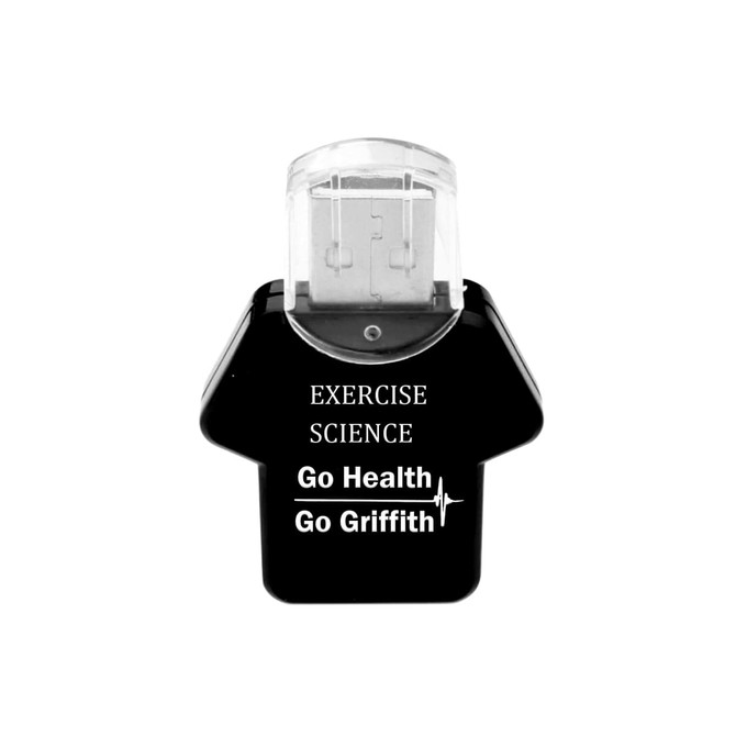 A black tee shirt-shaped flash drive with a logo and text design, featuring a clear cap.