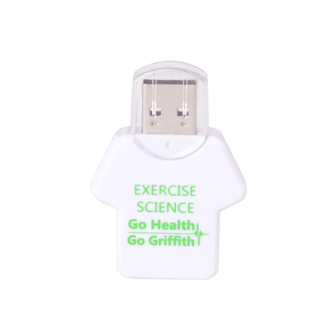A white flash drive shaped like a T-shirt, featuring a logo and green text on the front.