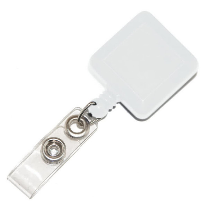 A square white retractable card holder with a clip and a metal attachment.