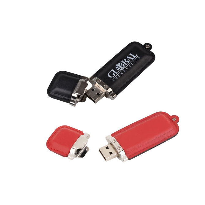 A black and red Amos Flash Drive with a sleek design and a logo on the surface.