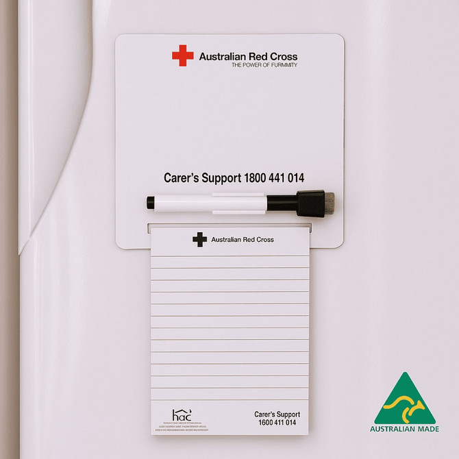 A magnetic whiteboard to-do list in white with a black pen and a note pad, featuring a logo in the corner.