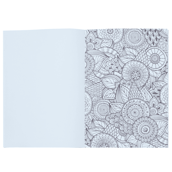 A5 colouring book featuring intricate black and white floral designs on one page and a blank page on the other.