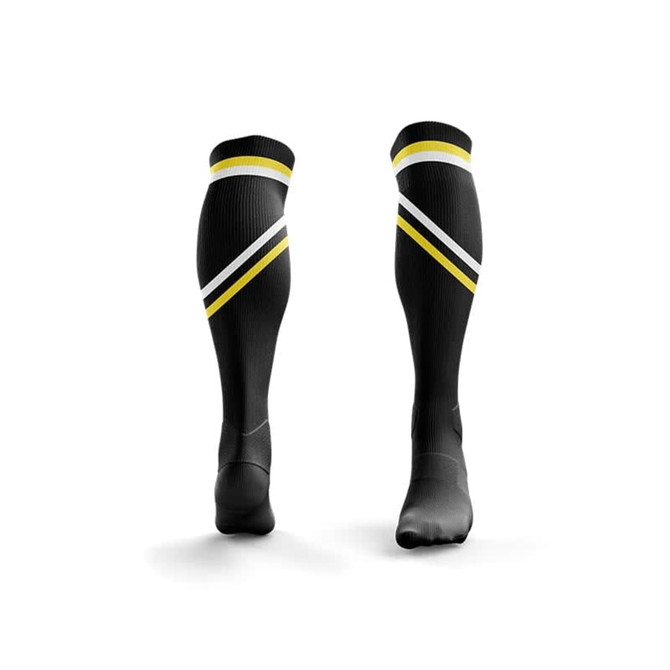 Black soccer socks featuring yellow and white stripes, complete with a logo. Designed for sports uniforms.