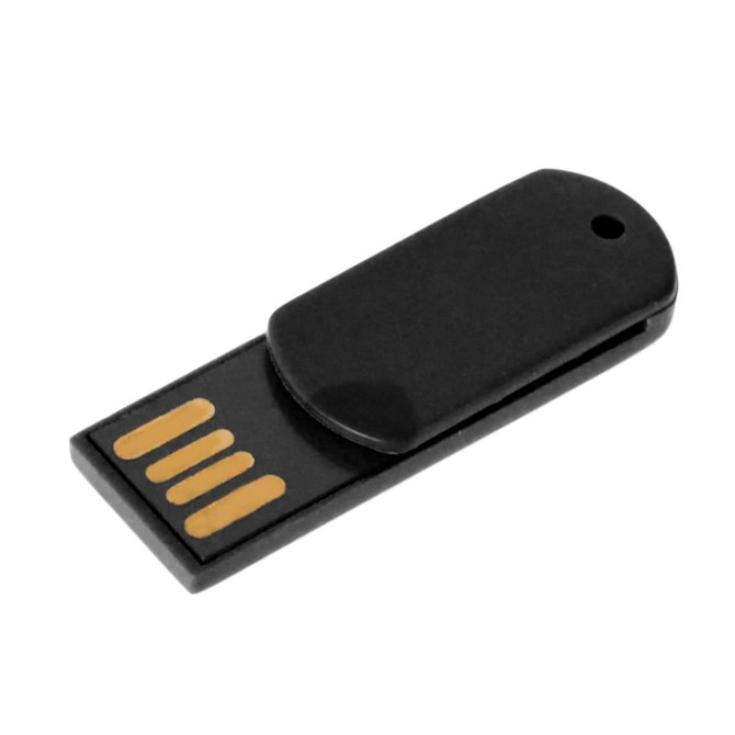 A black paper clip flash drive with a glossy finish and a USB connector. It features a logo on the surface.