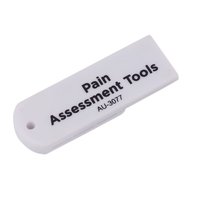 A white flash drive with a rounded edge and a branding logo, featuring printed black text.