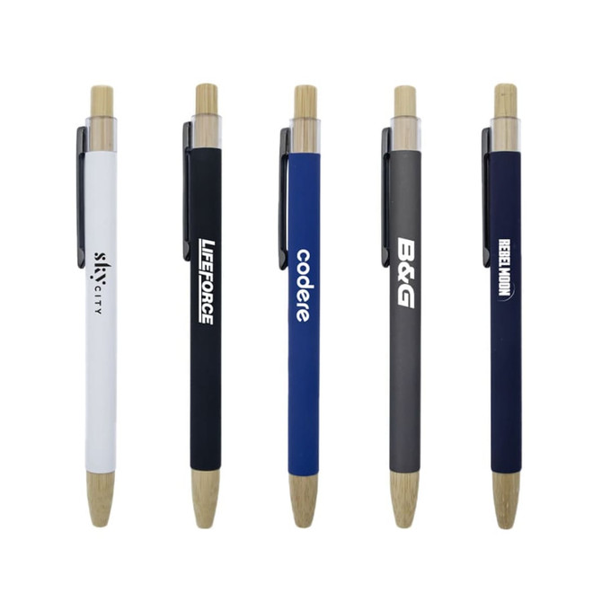 A collection of bamboo click pens in white, black, blue, dark grey, and natural finishes, each with a clip and branding.